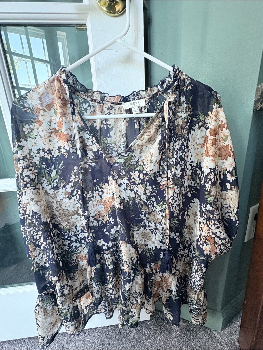 Umgee Navy Floral Print Top with Cream and Olive Accents